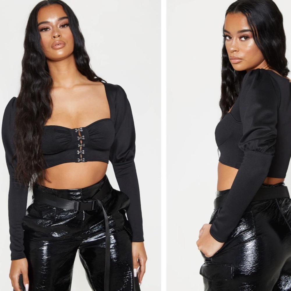 Prettylittlething- Black Hook And Eye Long Sleeve Crop Top